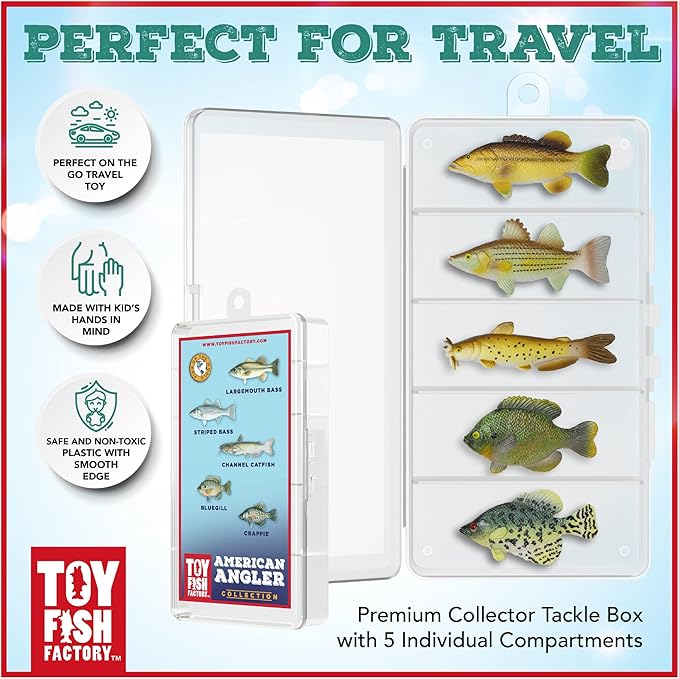 Toy Fish Factory American Angler Collection Toy Fish Set, Toy Fish Figurines, Largemouth Bass Catfish Bluegill Crappie Striper, Educational Toy, Fish Cake Topper, 3” Long