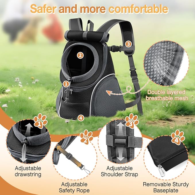 YUDODO Dog Front Carrier Backpack, Top & Side Windows Dog Backpack | Sunshade Hood, Ventilated, Safety Belt, Breathable, Lightweight, Reflective Strip, Pocket Storage, Adjustable, Black Pro, L