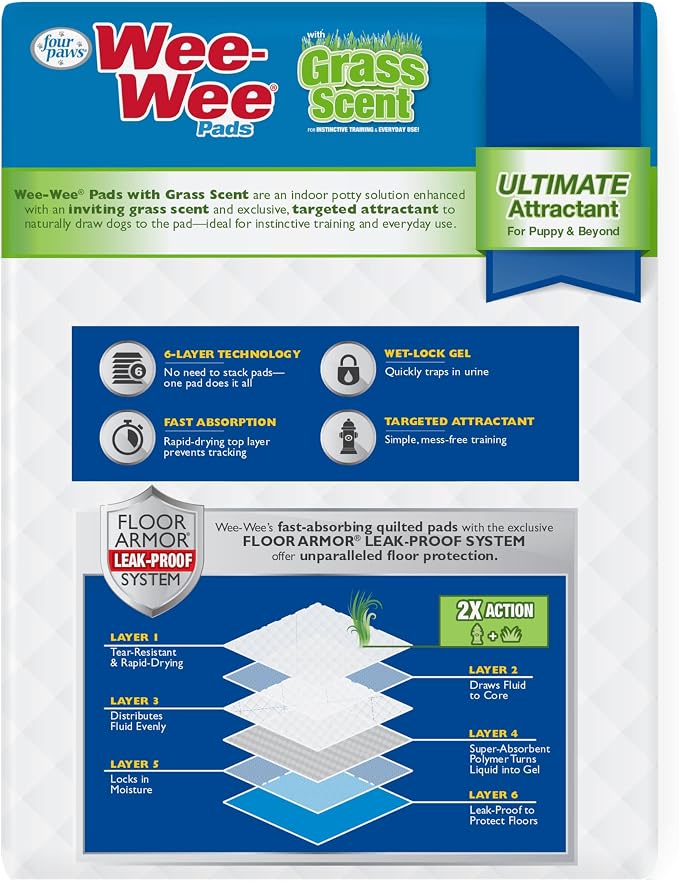 Four Paws Wee-Wee Ultimate Attractant Grass Scented Pee Pads for Dogs & Puppies, Leak-Proof Dog Housebreaking Instinctive Potty Training Floor Protection, 22" x 23", 10 Count (Pack of 12)