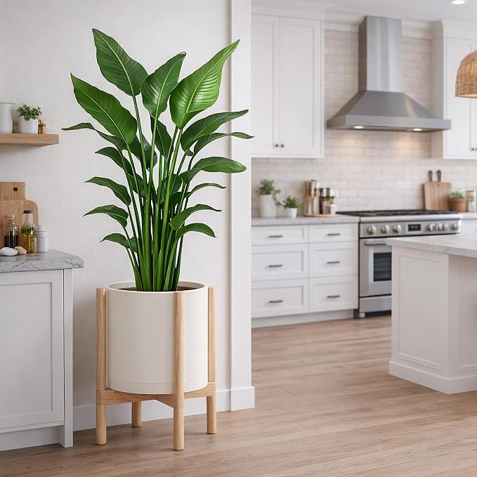 D'vine Dev Plastic Pot with Natural Wood Stand, Oatmeal, 12 in, 55-C-P-4 | Mid-Century Inspired Design, Elevated Plant Display, Clean Lines, Sturdy Support, Modern Space-Saving Style