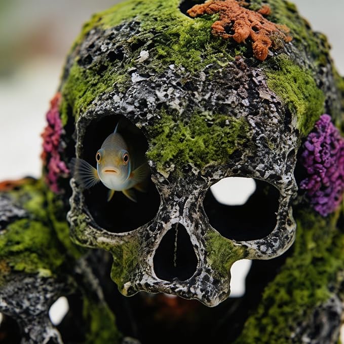 Betta Fish Tank Decorations Hideout - Triple Skull Hiding Cave for Aquarium, Resin Ornament with Artificial Moss Texture and Multiple Entrances for Shrimp, Small Fish - 7.3x4.9x6.1inch