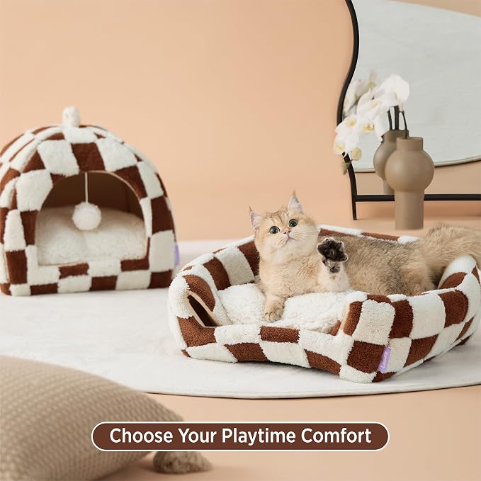 Lesure 2in1 Cute Cat House for Kitten with Washable Cushioned Pillow,17.3in | Cat Beds for Indoor Cats,Small Pet Cave Tent,Cozy Enclosed Foldable Hideaway,Fluffy Ball,Anti Slip Bottom,Hand Strap,Brown
