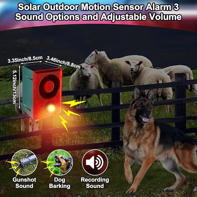 Qualirey Solar Outdoor Motion Sensor Alarm with Stake Gunshot Sound Dog Barking, 3 Modes Support Recording and Adjustable Volume USB Charging 129 dB Loud Noise Maker for Animal Deterrent (8 Pcs)