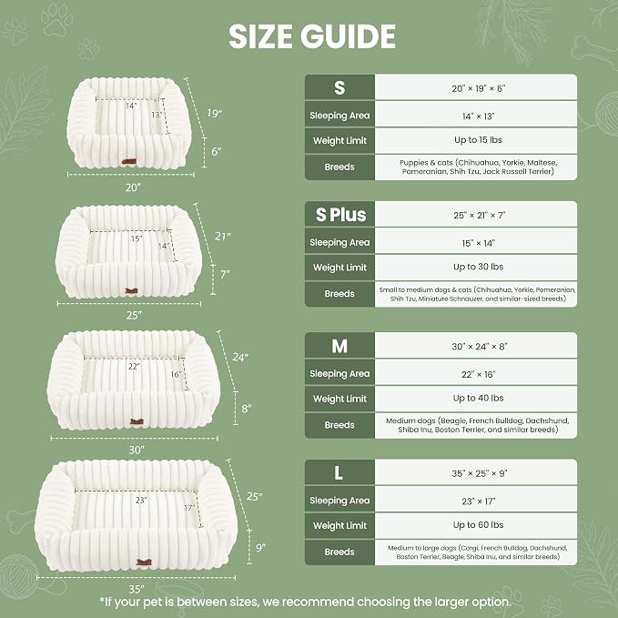 Washable Dog Bed for Small Medium Dogs, Rectangle Orthopedic Pet Bed with Removable Cover, Fluffy Memory Foam Dog Beds with Anti-Slip Bottom, Cream(25x21x7inchs)