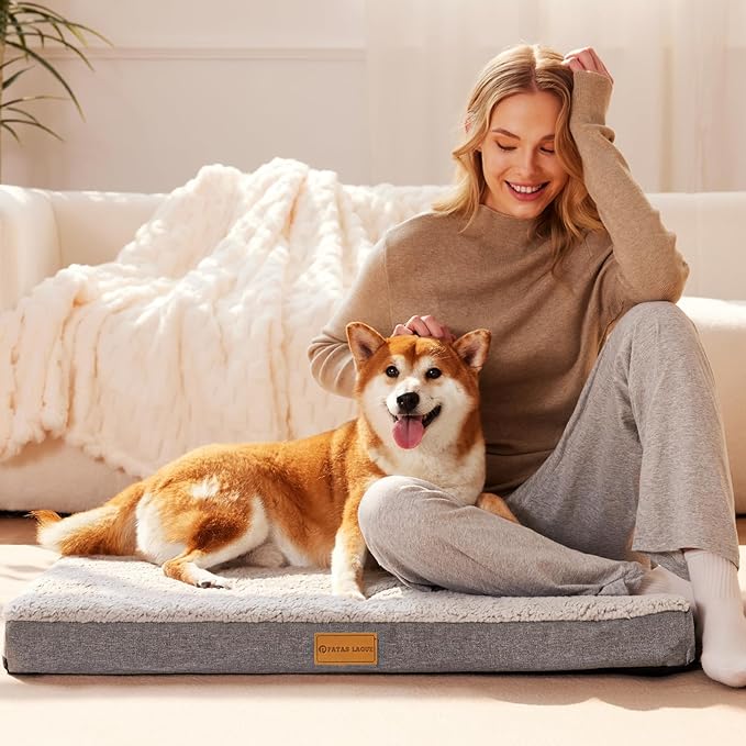 Patas Lague Orthopedic Large Dog Bed Washable Pet Sofa Mat 42''X28'' Ivory | Egg-Crate Foam Dog Couch For Large Sized Dogs, Waterproof Removable Cover, Soft Pet Crate Bed With Nonskid Bottom