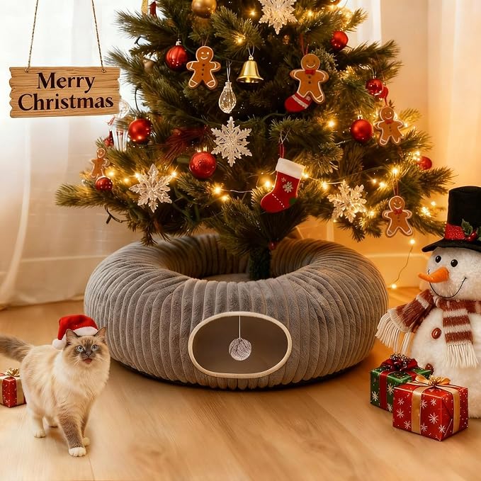 Cat Tunnel Bed for Indoor Cats, Peekaboo Cat Cave Bed,Soft Cat Donut Tunnel for Kitten Large Cats, Grey