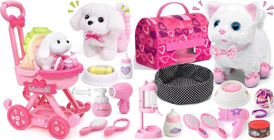 Golray Electronic Toy Dog and Cat for Kids Girls, 10 Pcs Puppy Pet Care Pretend Play Set 16 Pcs Kitten Carrier & Pet Groom Feed Care Set