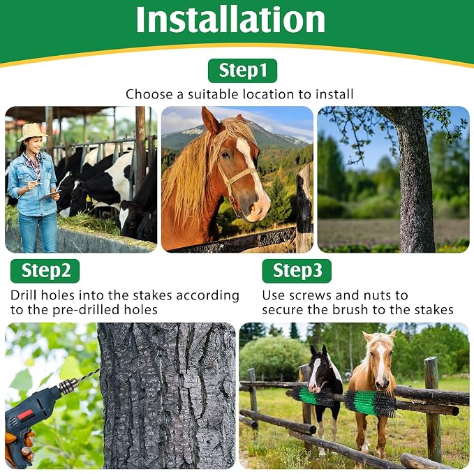 3 Pack Livestock Scratching Brush, Green and Black | Animal Scratcher, Itch Relief Grooming, Horse Goat Cow Scratcher, Fence Post Mounting, Durable Bristles, Farm Livestock Care