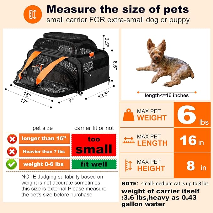 pidipiti 17x12.5x8.5 Soft-Sided pet Carrier,for Extra-Small Dog/Medium cat | top and 1 side Expandable,TSA Approved,for jetblue and Other Airlines only Have 8.5'' Height Space underseat