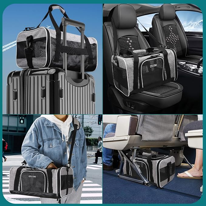 Small Pet Carrier 17" L x 11" W x 9.5" H Airline Approved, Grey | for Alaska Airlines, Lockable Safety Zippers and Anti-Scratch Mesh, Pets Under 10 lbs