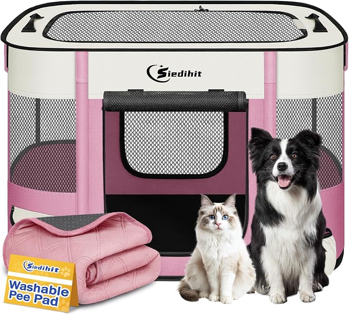 Siedihit Dog Playpen, Cat Pet Puppy Crate, Portable Playpens Indoor Outdoor (Pink with Pad, Medium)