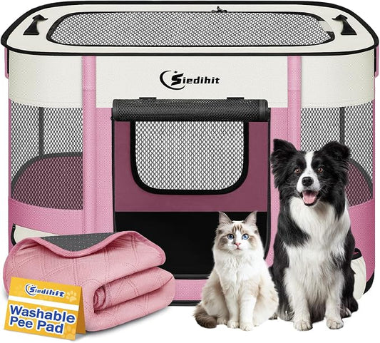 Siedihit Dog Playpen, Cat Pet Puppy Crate, Portable Playpens Indoor Outdoor (Pink with Pad, Medium)