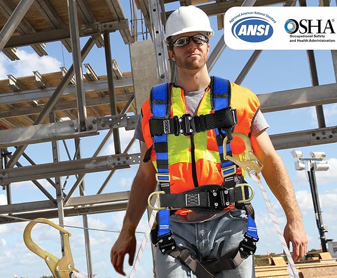 TRSMIMA Safety Harness Fall Protection - Harness Kit for Men Construction | Fall Arrest Roofing Harness Kit Men Full Body Harness with Lanyard for Work Upgrade 4 Quick Buckles Orange