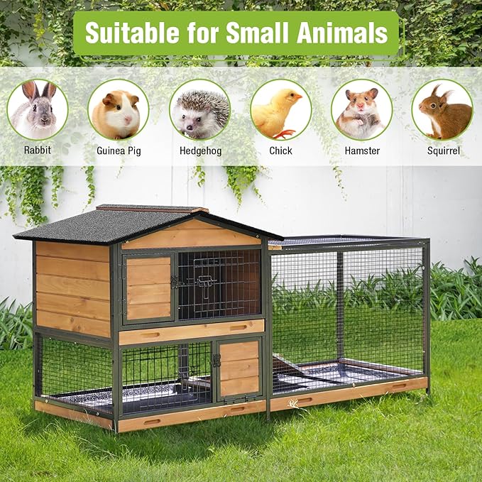 Large Rabbit Hutch Indoor Outdoor, Wooden Rabbit Cage with Chewproof Metal Frame, 62'' Mobile Bunny Cage with Wheels, Pull-Out Tray, Waterproof Roof, Guinea Pig Habitat (Orange)