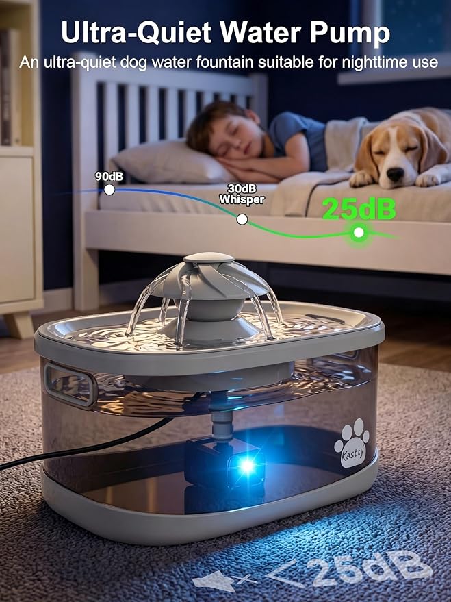 Kastty 9.5L/2.5Gal Dog Water Fountain for Large Dogs with 3 Flow Modes | Large Capacity Pet Water Fountain , Automatic Quite Dog Water Bowl Dispenser with Water Window & LED,Easy to Clean(FS82,Grey)