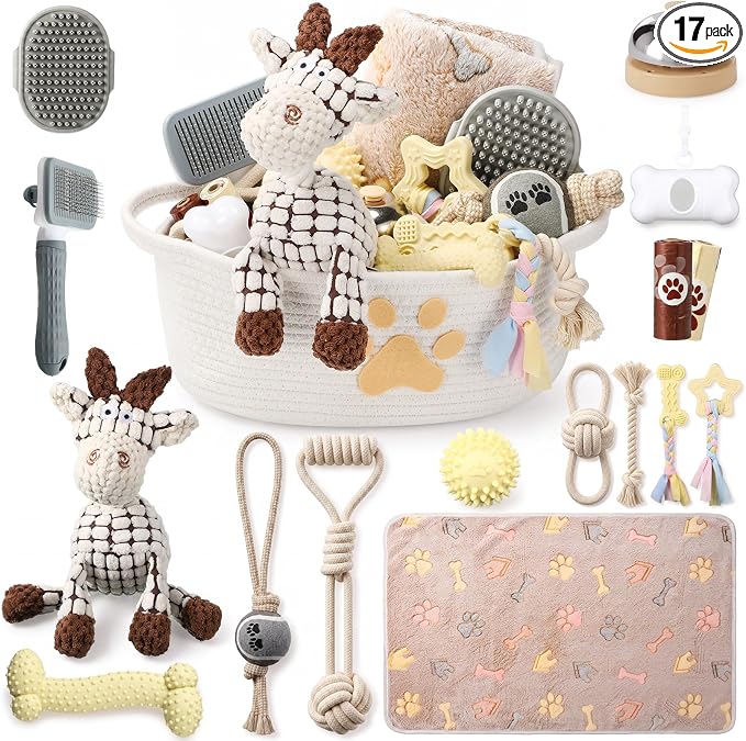 Zopeal 17 Pcs Summer Puppy Gift Set, Dog Toy & Essentials Bundle with Chew Toys, Poop Bag Dispenser, Grooming Brush, Training Bell, Blanket & Rope Basket(Beige,Sheep)