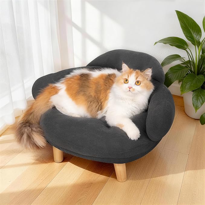 Gray Cat Sofa Bed, Furniture Style Pet Couch with Pine Wood Legs | Removable Cotton Velvet Cover, Cozy Cushion Design, Stylish Home Décor Pet Furniture for Cats and Small Dogs