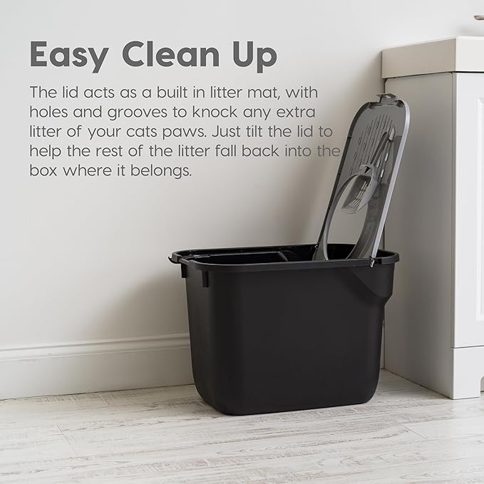 IRIS USA Cat Litter Box Large Top Entry with Lid, Enclosed Litter Box with Litter Catching Lid & Scoop, Covered Cat Litter Box Enclosure for Privacy, High Sided, Black/Gray