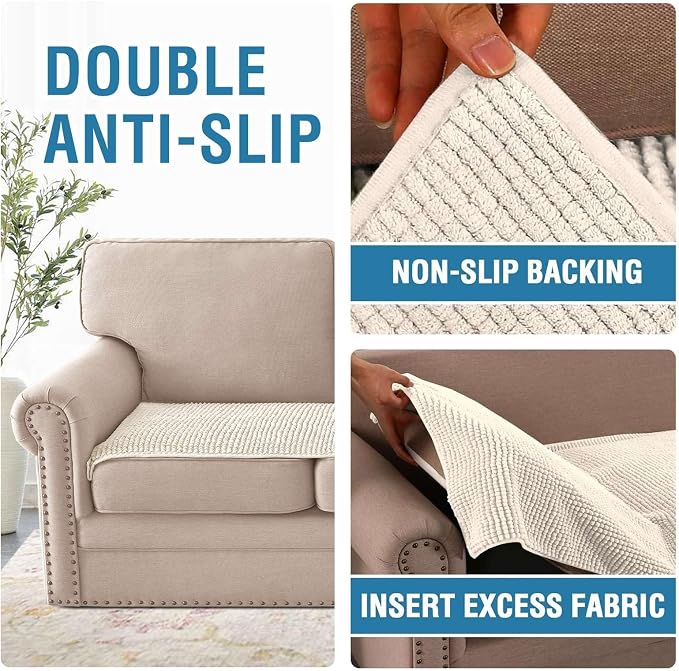 H.VERSAILTEX Plush Chenille Couch Cover for 3 Cushion Couch Anti Slip Washable Sofa Slipcovers Soft and Durable Furniture Protector for Dogs Cats Kids (27.5" x 71", Ivory)