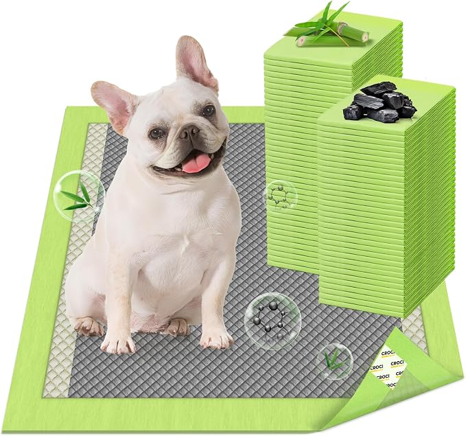 CROCI Charcoal Puppy Pads with Adhesive Tabs 2X Odor Control 22x22in 100Ct | Super Absorbent Pee Pads for Dogs, Quick-Dry Surface, Unscented, Renewable Bamboo Material, Disposable
