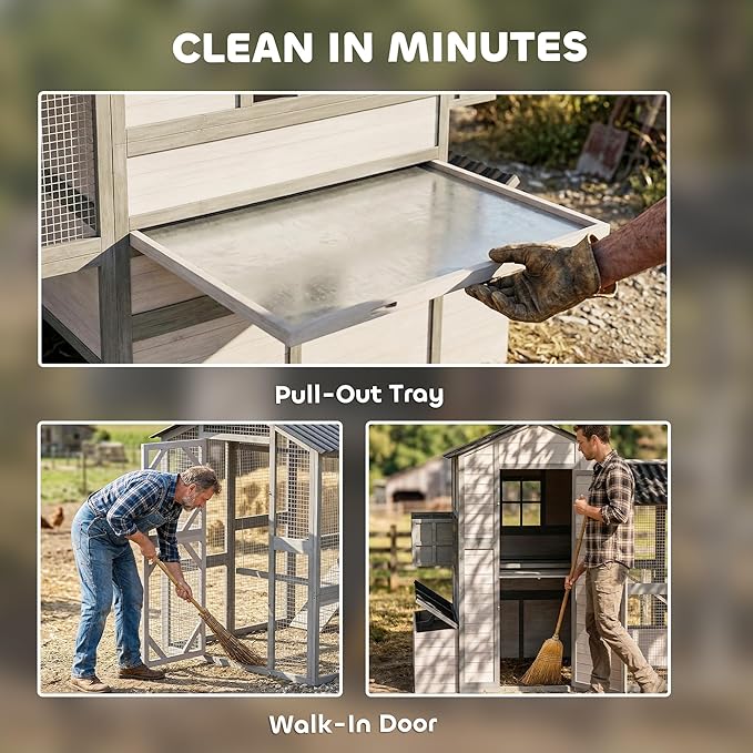 PawHut 147" Extra Large Chicken Coop, Wooden Hen House for 8-10 Hens, Outdoor Chicken House Poultry Hutch with Run, Pull-Out Tray, Nesting Box, Ventilated Windows, Ramp for Rabbit Duck, Gray