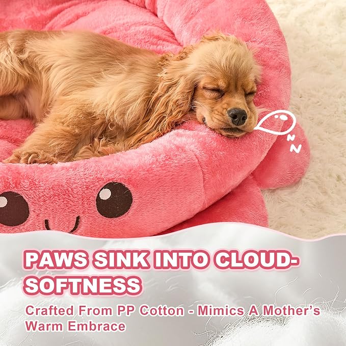 Cute Calming Dog Beds Clearance for Large Dogs, Anxiety Bolster Dog Bed with Octopus Shape, Pink, Red, Boho, Round Pet Bed Cat with Removable Cushion