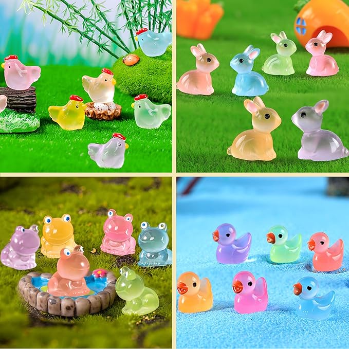 Mini Resin Animals to Hide 72 PCS Luminous Tiny Miniature Figurines Bulk Glow in The Dark Include Little Ducks Small Chicken Rabbits Frogs for Garden Micro Landscape Aquarium Potted