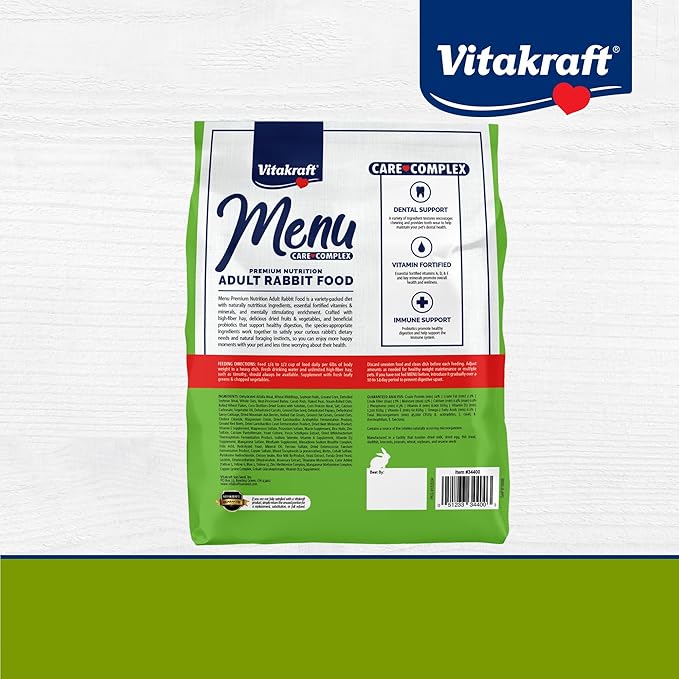 Vitakraft Menu Premium Rabbit Food - Alfalfa Pellets Blend - Vitamin and Mineral Fortified, Carrots, Greens, Grains, Fruits, 5 Lb.