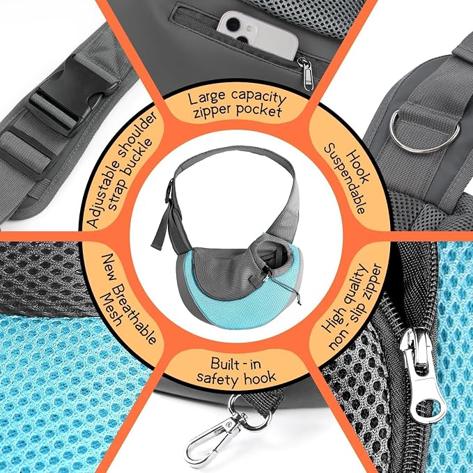 YUDODO Pet Sling Carrier for 5-9 lbs Small Dogs Cat Puppy Crossbody Carrier | Hands-Free, Safety Hook, Large Zipper Pocket, Soft Breathable Mesh, Adjustable Strap, Reflective Strip, Cyan, M