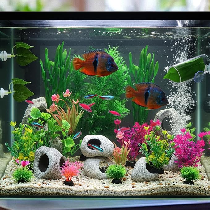 Kathfly 18 Pcs Aquarium Decorations Rock Set 4 Hideaway Rock Cave 2 Betta Fish Leaf Pad 1 Acrylic Tube Tunnel 11 Artificial Seaweed for Aquatic Pets to Breed Play and Rest Betta Shrimp Habitat
