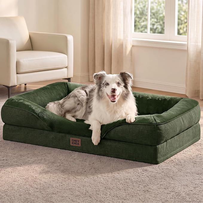 EHEYCIGA Orthopedic XL Dog Bed for Large Sized Dog, 42x30 Inch Extra Large Memory Foam Dog Couch Bed with Sides, Waterproof Liner & Washable Removable Cover, Dark Green