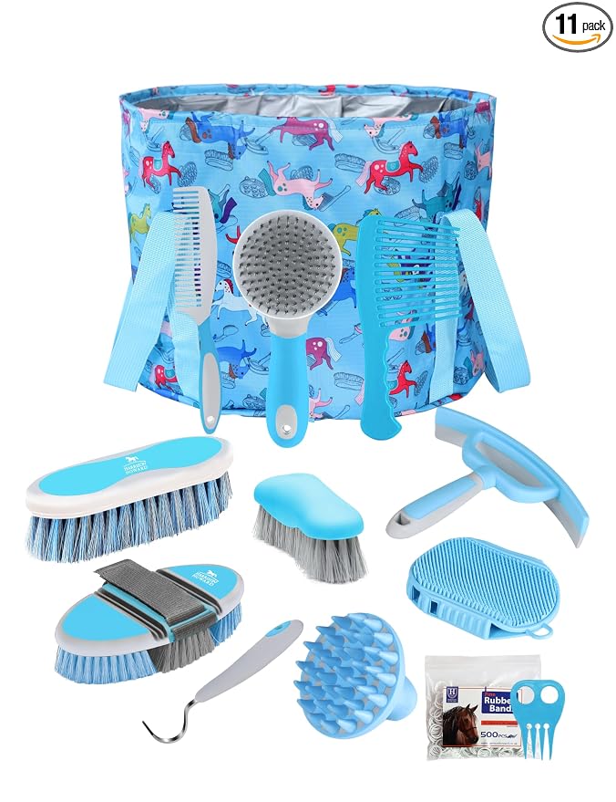 Harrison Howard Complete Horse Grooming Set, 11-Piece Advanced Daily Grooming Tools with Extra Brushes for Full Horse Care Blue Brushstroke Ponies