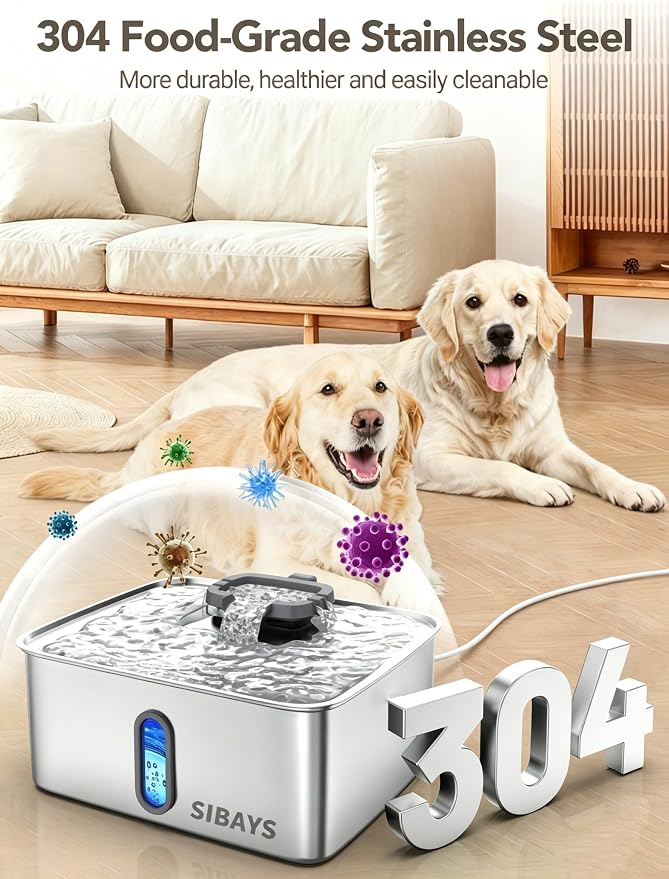 SIBAYS 4Gal/15L Dog Water Fountain for Large Dogs, Stainless Steel Large Pet Water Fountain, Ultra Quiet Automatic Dog Water Bowl Dispenser with Water Level Window and LED Light(FS78, Silver-Grey)