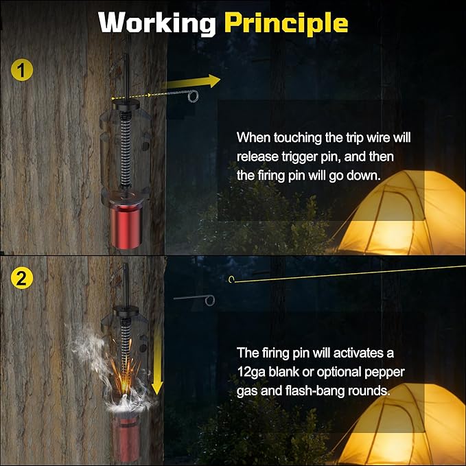 Alarme de périmètre, Alarme de déclenchement calibre 12, Dispositif d'alarme de déclenchement de camping avec vis et chaînes d'extension, Système d'alerte précoce pour le camping et la sécurité extérieure/Dissuasif d'ours (Convient à plusieurs modèles)
