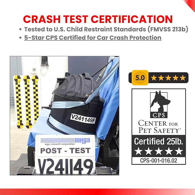 Crash-Tested Small Dog Car Seat | CPS Certified Crash Protection | 3-in-1 Portable Dog Car Seat, Indoor Enclosed Cat Bed & Round Pet Carrier | 5 Star Crash-Tested & Rated for Safe Car Travel.