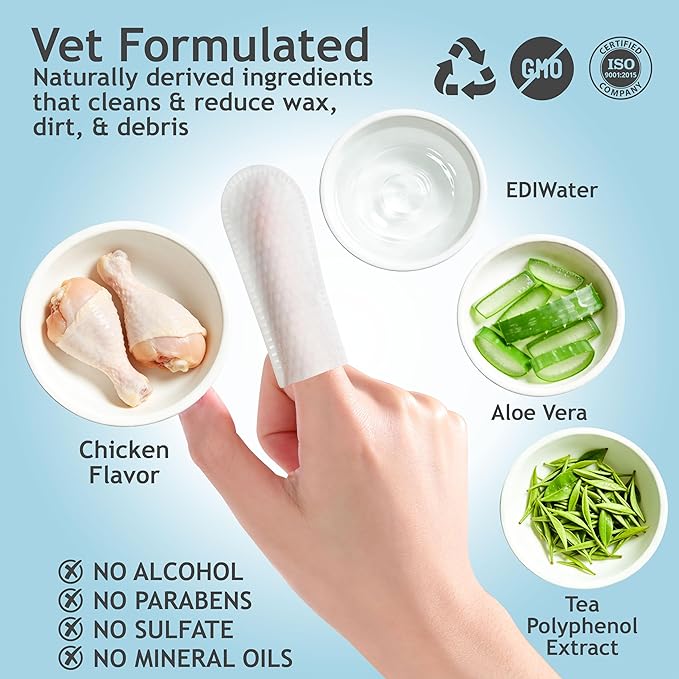 DOCO Pet Dog Teeth Cleaning Wipes – Deodorizing Finger Wipes for Dogs & Cats | Helps Reduce Plaque & Tartar Buildup, Supports Fresh Breath, No Rinse (Chicken, 50 Count)