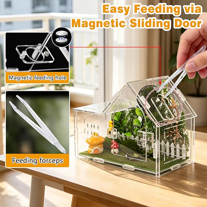 Jumping Spider Enclosure, Acrylic Cabin Terrarium with Sloped Roof & Magnetic Front Door, for Arboreal Pets, Mantis, Small Reptile Habitat (Green, L 7.9",W 3.9",H 5.9")