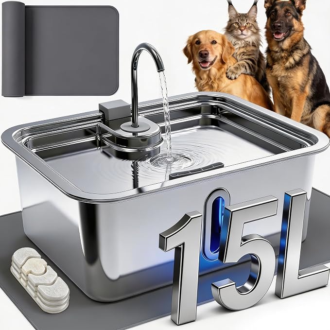 3.96Gal/15L Large Dog Water Fountain with Pet Feeding Mat and 3 Filters | Stainless Steel Pet Water Fountain for Dogs Cats, Dog Water Bowl Dispenser with Visible Window, Alert Light, Quiet Pump