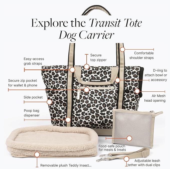 Transit Tote Dog Carrier for Small/Medium Dogs 8-20 lbs, 19x12x9 Soft-Sided 4-Pc Set with Waterproof Base, Plush Insert, Food Pouch, Mesh Head Opening - Medium, Leopard