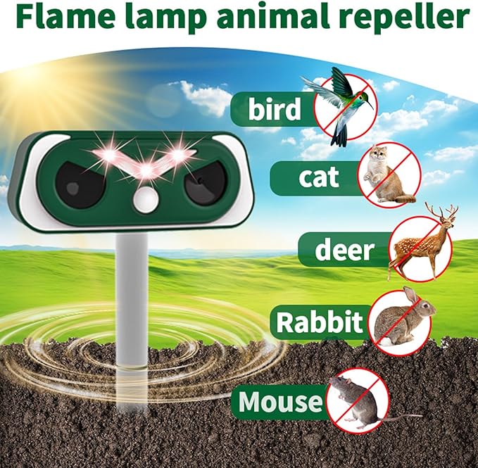 2026 Upgraded Solar-Ultrasonic-Animal-Repellent Outdoor, Deer Repellent Devices Squirrel Cat Raccoon Rabbit Dog Deterrent, Keep Skunk Away Motion Detection with Flash Light for Yard Garden Lawn 1-PACK