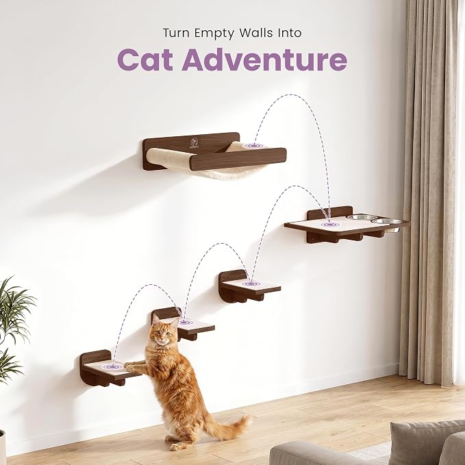 Cat Wall Shelves - Wall Mounted Cat Shelves with Feeding Station | Walnut Finish, Solid Pinewood, Beige Carpet, Supports Up to 33 lbs, Stainless Bowls, Dog-proof, Lounging, Climbing