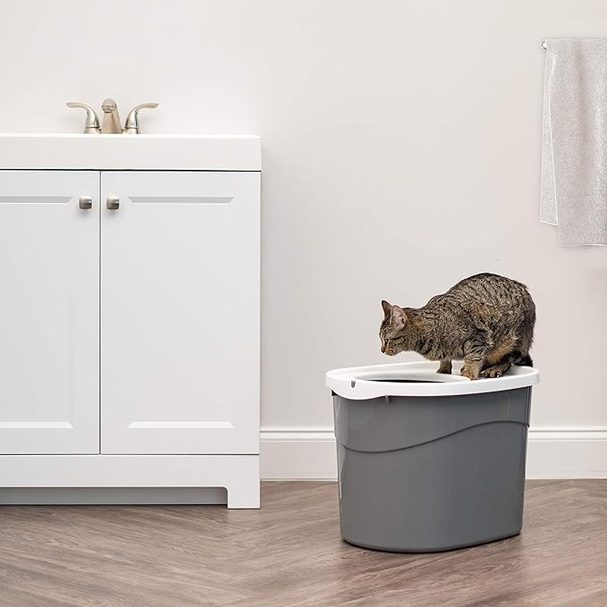 IRIS USA Cat Litter Box Large Top Entry with Lid Enclosed Covered Hooded Design Litter Catching Scatter Shield Pan Dog Proof Pet Proof Scoop Included Odor Control for Indoor Cats Kittens Gray/White