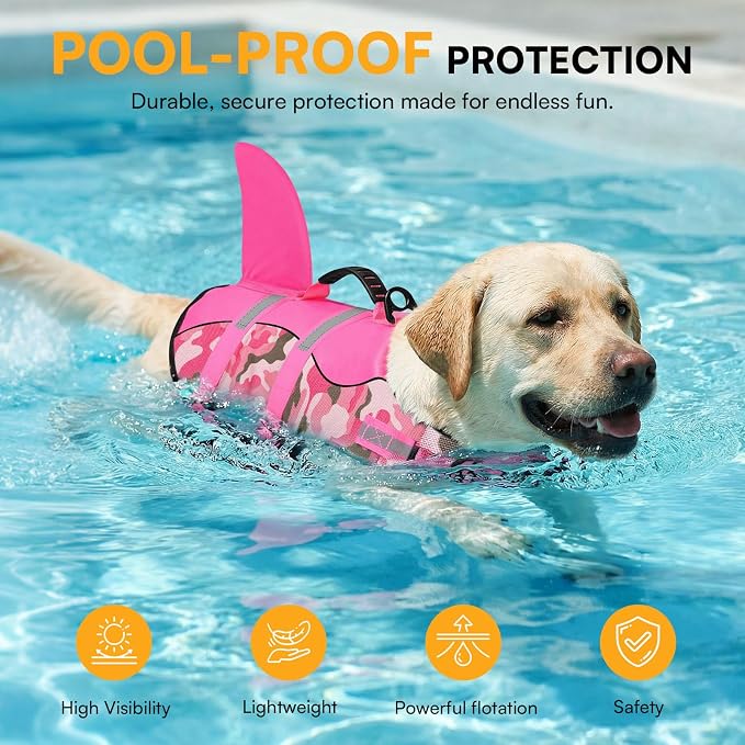 Dog Life Jacket Ripstop Dog Shark Safety Vest Adjustable Preserver with High Buoyancy and Durable Rescue Handle for Small,Medium,Large Dogs, Pink Camouflage Medium
