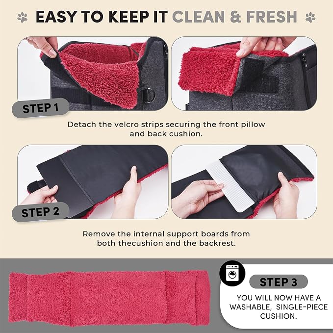 Center Console Dog Car Seat for Small Pets to 11lbs, Red | Anti-collapse armrest Console seat with washable fluffy cushion, pillow & tether for stable, cozy pet travel trips.