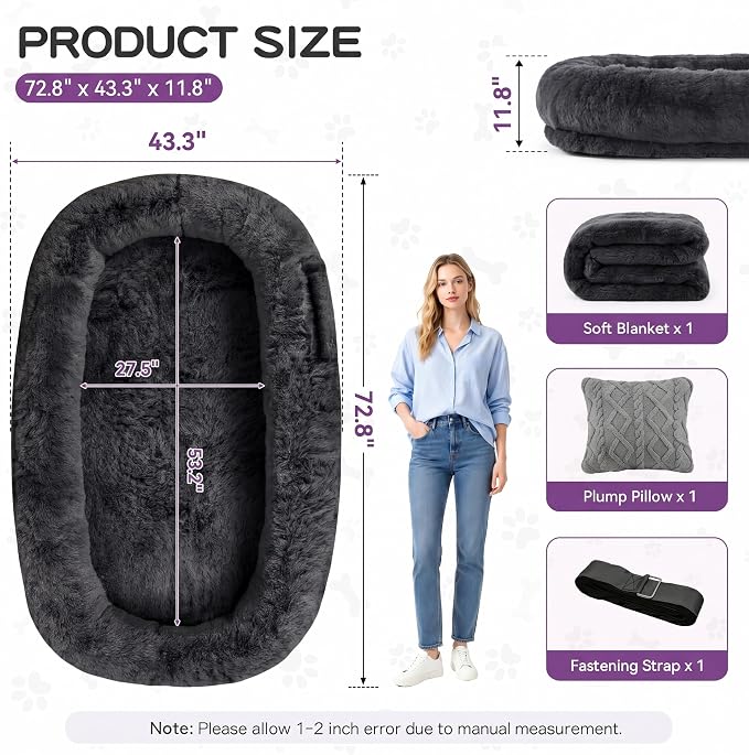 Dark Grey Human Dog Bed - 71''x45''x12'' Size Fits You and Pets | Washable Faux Fur Pet Bed for People Doze Off, Napping Orthopedic Dog Bed, Present Plump Pillow, Blanket, Strap