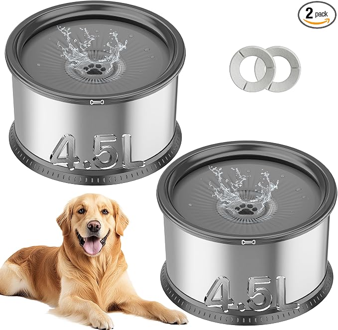 2PCS Dog Water Bowls for Multiple Pets, 4.5L/152oz No Spill Stainless Steel Slow Drinking Water Bowls with Anti-Slip Mat, Splash Proof Pet Bowl for Sloppy Messy Drinkers, Medium Large Dogs