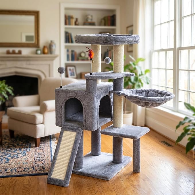 AIWIKIDE 36.6'' Multifunction Cat Tree with Cozy Hammock & Hanging Ball, Cat Tower with Activity Cat Condo & Jute-Covered Scratching Posts, Grey