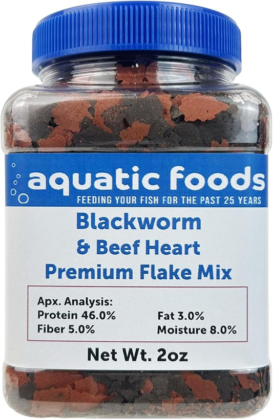 Aquatic Foods Inc. California Blackworm & Beef Heart Premium Flakes for Discus, Cichlids All Community Tropical Fish Also Wafer Mix, Pellet Mix Included…2oz Jar