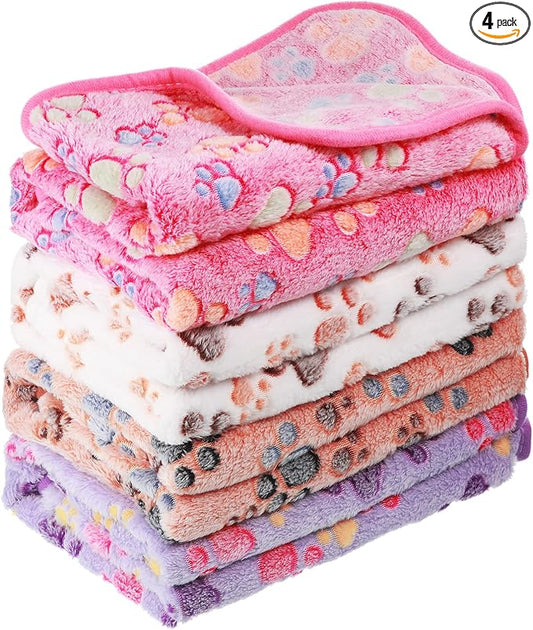Tatuo 4 Pack Fleece Dog Blankets for Puppy Cats Multi-Size Sleep Mat for Pet Guinea Pig Soft Washable Warm Crate Bed Puppy Teething Toys Print Pattern Blanket Indoor(Mixed Color,41 x 30 Inch,Paw)