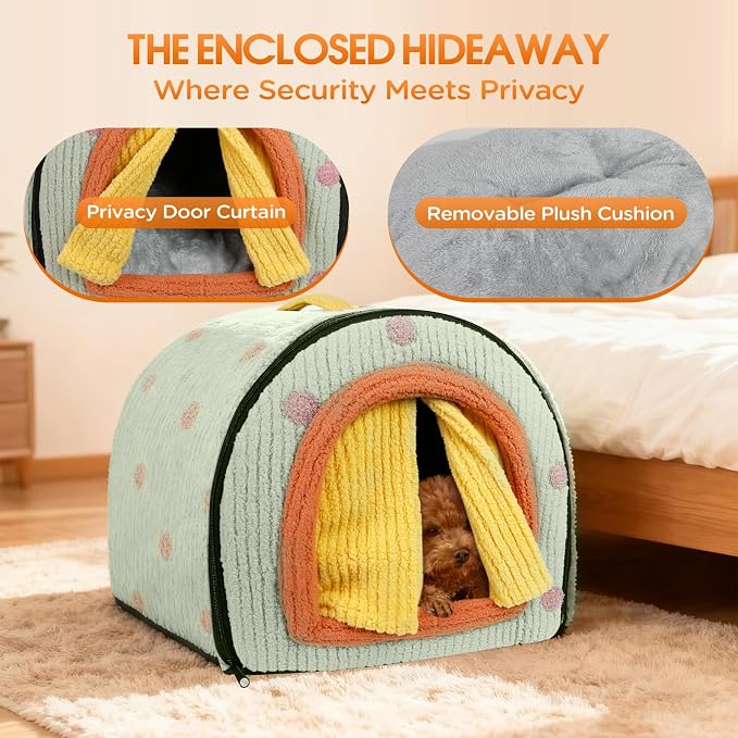 Dog House Indoor for Small Dogs, Green, S | 2-in-1 Enclosed Dog Bed with Cover Cave & Curtain, Dog Tent with Plush Washable Cushion, Inside Dog House for Pets
